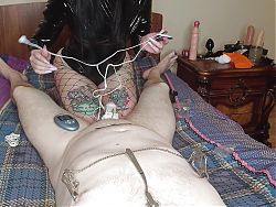 Fun BDSM game with nipples and electric shock on balls. CBT.