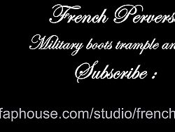 Teaser French Perverse Trampling and Jump on back with military boots and piss on slave